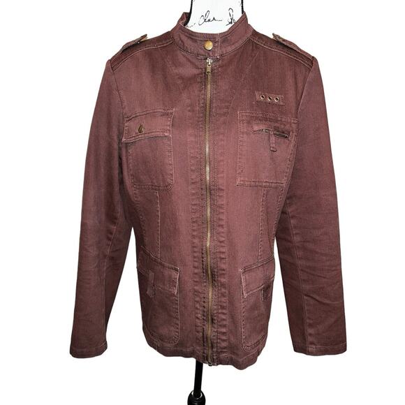 Womens Caribbean Joe Brown Corduroy Jacket Long Sleeve Mandarin Collar Zip Up L - Picture 1 of 8